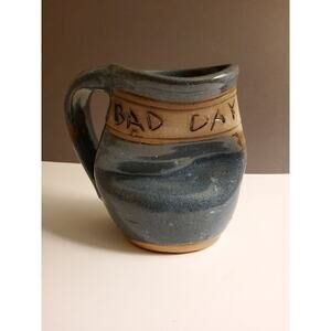 Handmade "Bad Day" Pottery Mug - Blue Stoneware - Signed by Artist